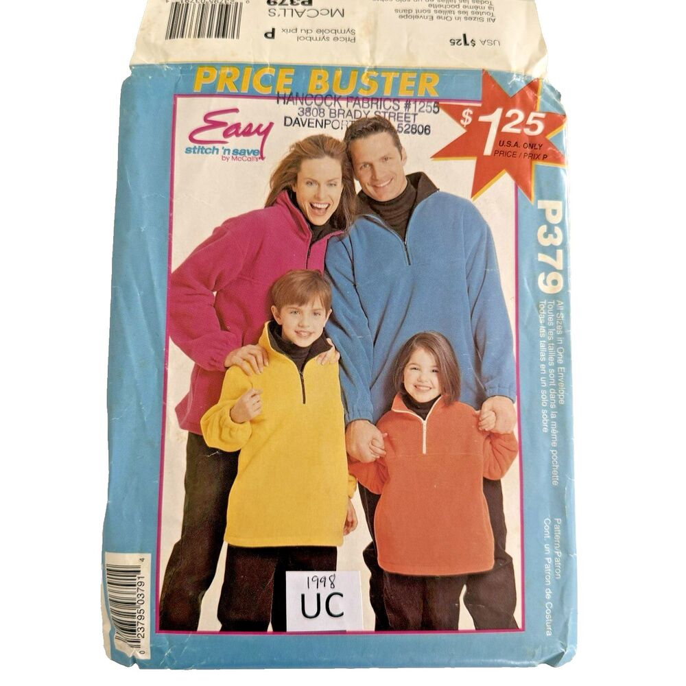 Stitch'n Save 379 EASY Sewing Pattern 1/4 Zip Fleece Pull Over Adults Kids XS-XL